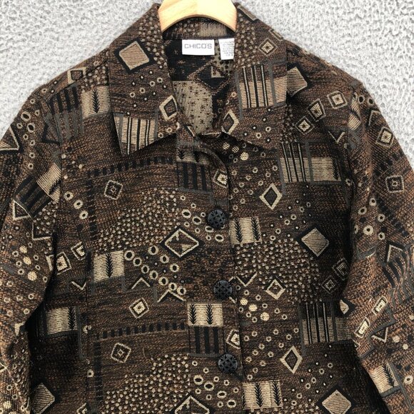 Chicos Jacket Womens 2 US 12 Brown Geometric Pattern Button Up Collared Career - Picture 2 of 10